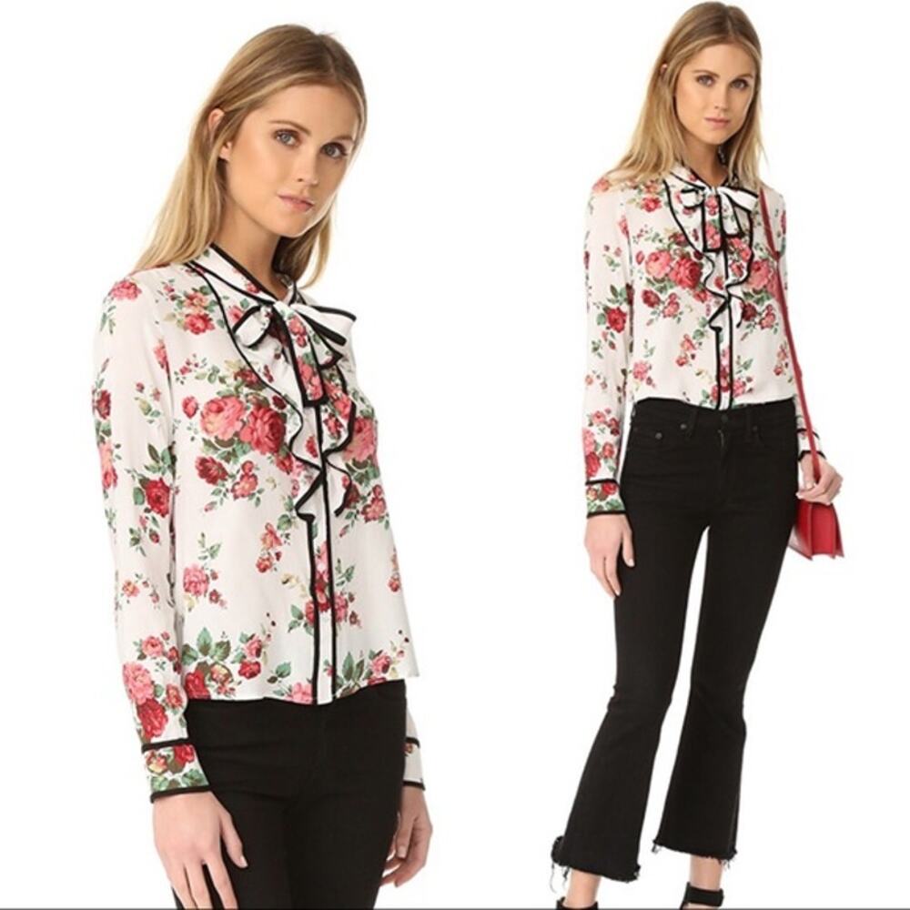 re:named Floral Neck Tie Blouse Sz LG Longsleeve White Lagenlook Boho Y2K Crop